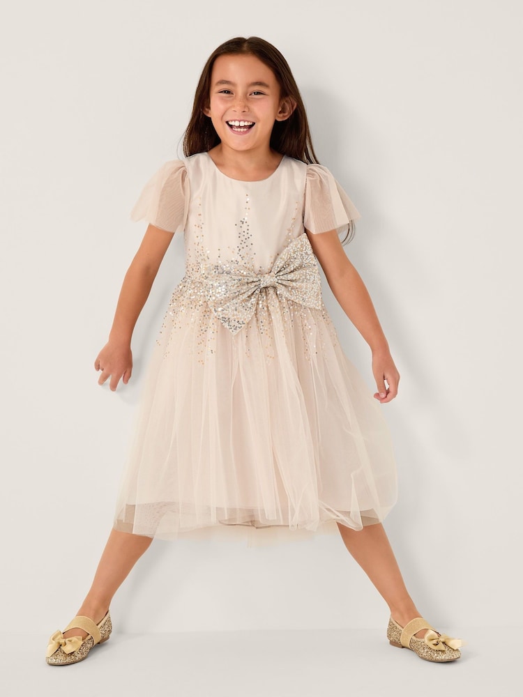 Monsoon Gold Samara Sequin Waterfall Bow Dress - Image 1 of 4 Monsoon Gold Samara Sequin Waterfall Bow Dress - Image 1 of 4