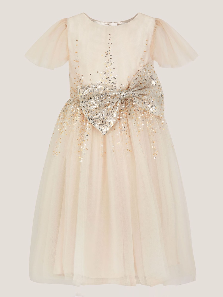 Monsoon Gold Samara Sequin Waterfall Bow Dress - Image 2 of 4 Monsoon Gold Samara Sequin Waterfall Bow Dress - Image 2 of 4