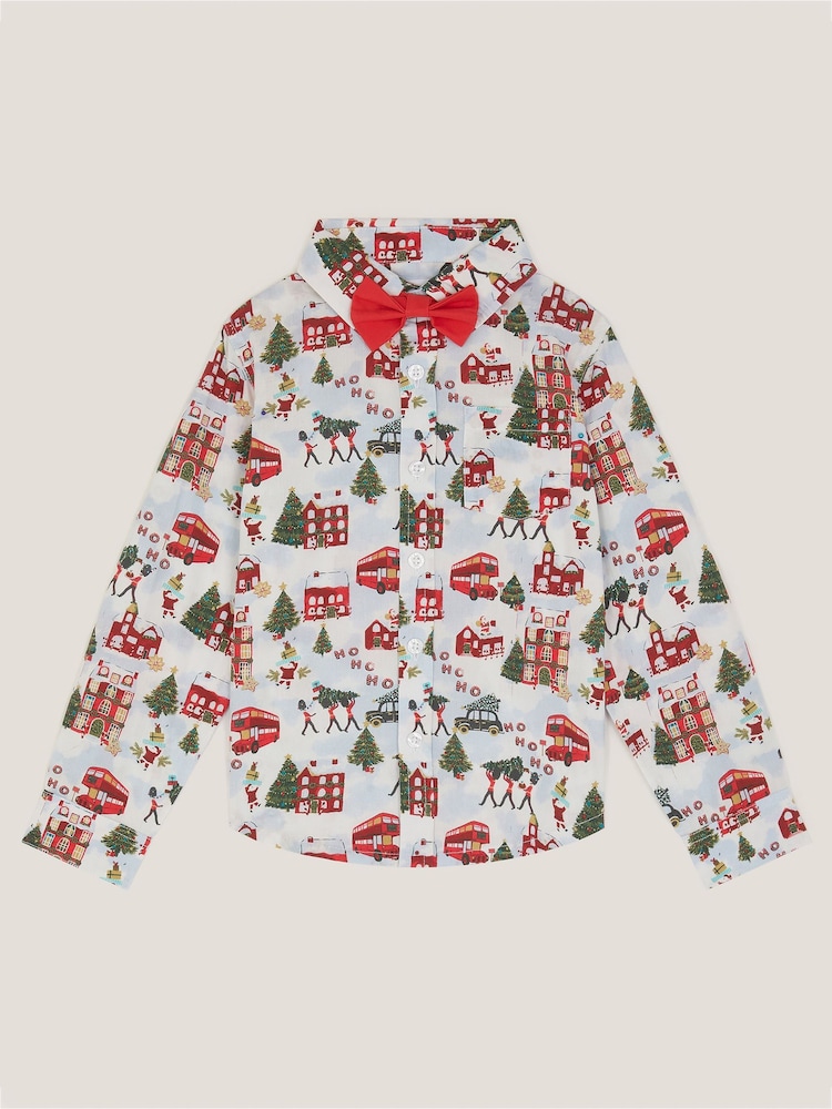 Monsoon Cream London Christmas Print Shirt & Bow Tie Set - Image 1 of 3