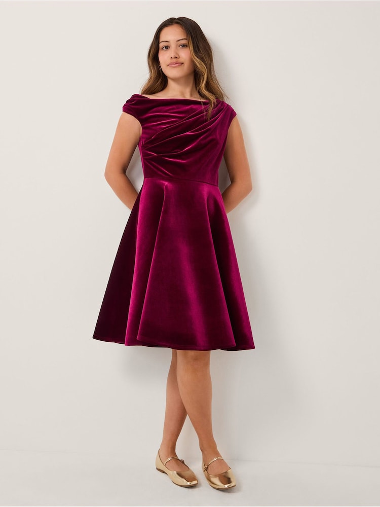 Monsoon Red One Shoulder Drape Velvet Party Dess - Image 1 of 4
