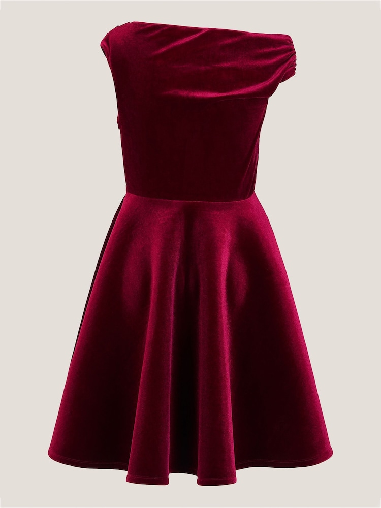 Monsoon Red One Shoulder Drape Velvet Party Dess - Image 2 of 4