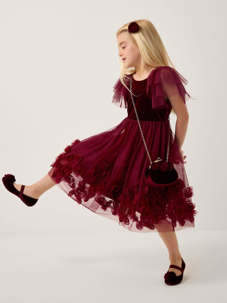 Monsoon Red Eden Velvet Rose Appliqué Party Dress - Image 1 of 4
