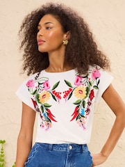 Elfenbein mit Blumenmuster - Love & Roses Jersey-T-Shirt mit Stickerei und Rundhalsausschnitt - Bild 1 von 5