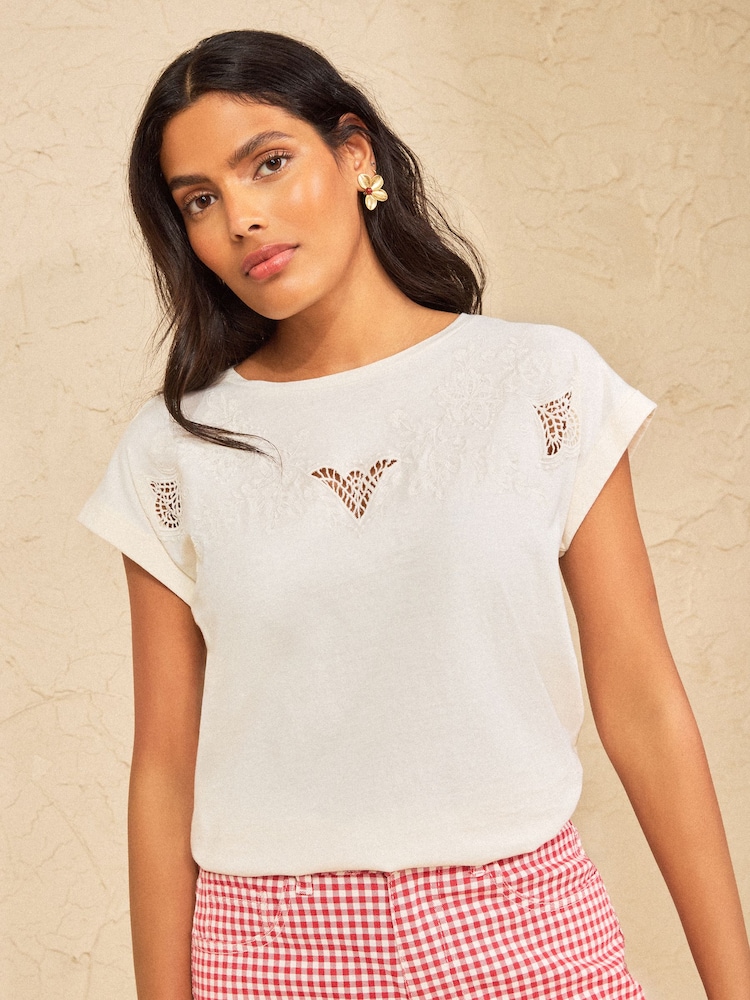 Love & Roses Ivory Cutwork Embroidered Crew Neck T-Shirt - Image 1 of 4