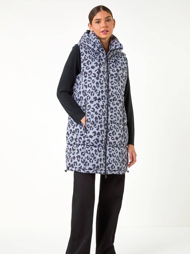 Roman Grey Animal Print Longline Quilted Gilet - Image 1 of 5 Roman Grey Animal Print Longline Quilted Gilet - Image 1 of 5