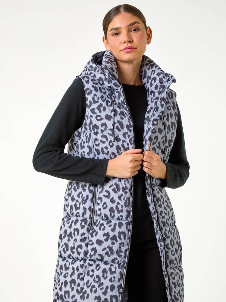Roman Grey Animal Print Longline Quilted Gilet - Image 2 of 5 Roman Grey Animal Print Longline Quilted Gilet - Image 2 of 5