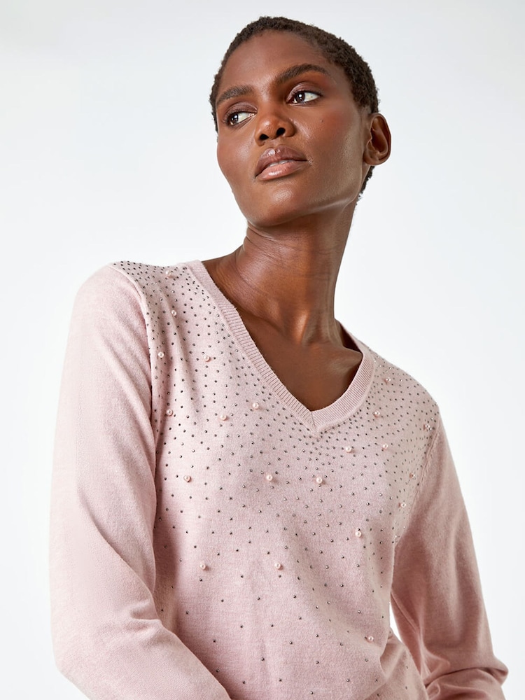 Roman Pink Pearl Sparkle Embellished Jumper - Image 1 of 5