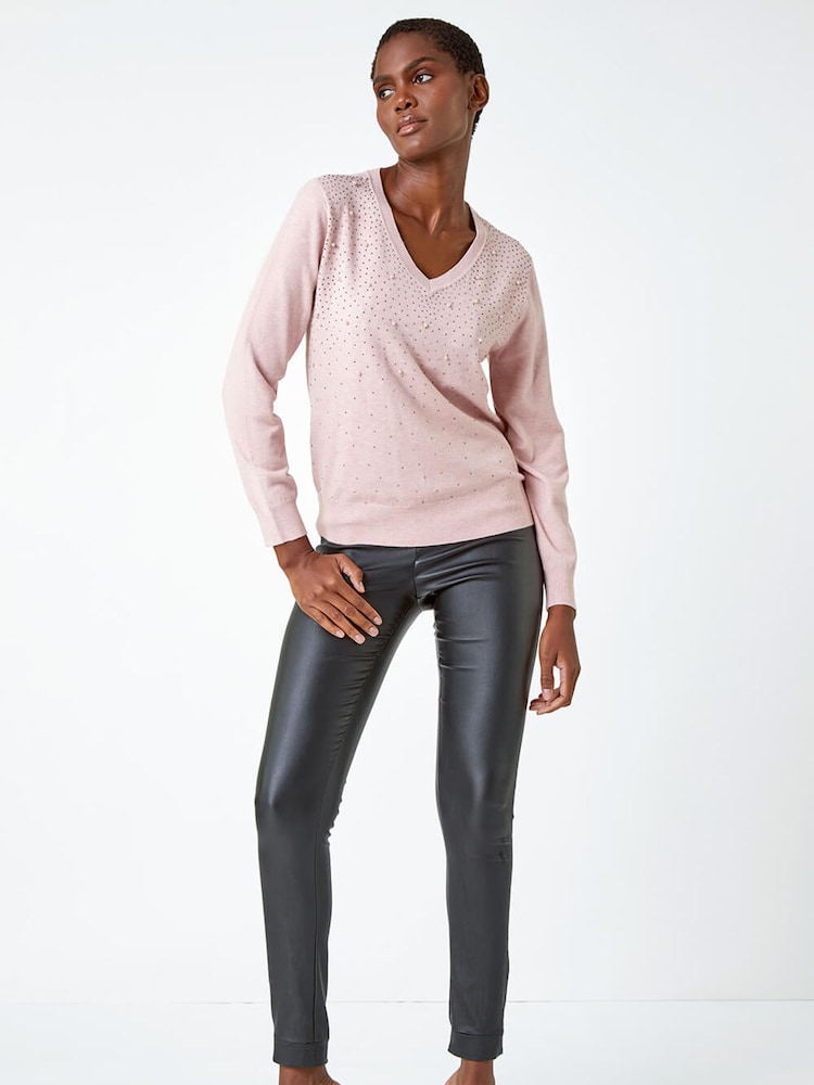 Roman Pink Pearl Sparkle Embellished Jumper - Image 2 of 5 Roman Pink Pearl Sparkle Embellished Jumper - Image 2 of 5