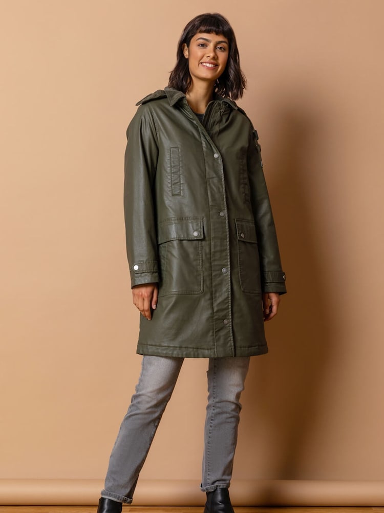Roman Green Waxed Longline Hooded Coat - Image 1 of 5 Roman Green Waxed Longline Hooded Coat - Image 1 of 5