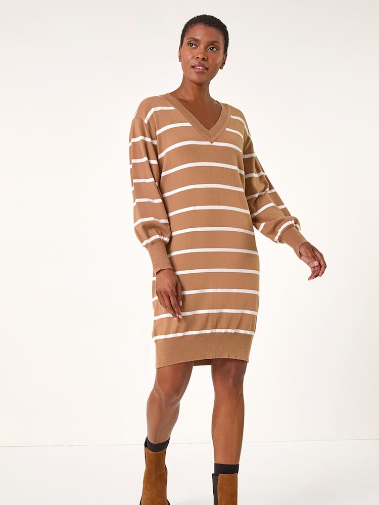 Roman Brown Stripe Print Knitted Jumper Dress - Image 1 of 5