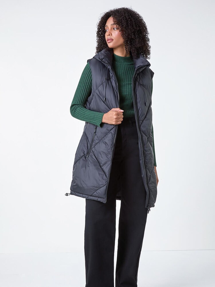 Roman Black Longline Quilted Hooded Gilet - Image 2 of 5