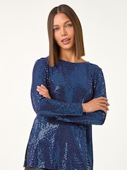 Roman Blue Shimmer Cowl Back Tunic Top - Image 1 of 5