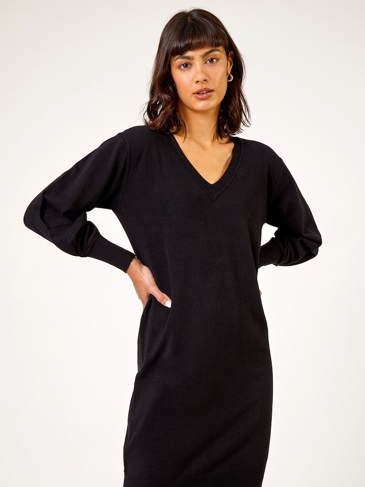 Roman Black V-Neck Knit Jumper Dress - Image 5 of 5 Roman Black V-Neck Knit Jumper Dress - Image 5 of 5