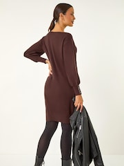 Roman Brown Button Detail Knitted Stretch Dress - Image 3 of 5
