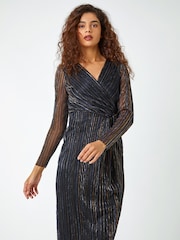 Roman Black Shimmer Stripe Print Midi Wrap Dress - Image 1 of 5