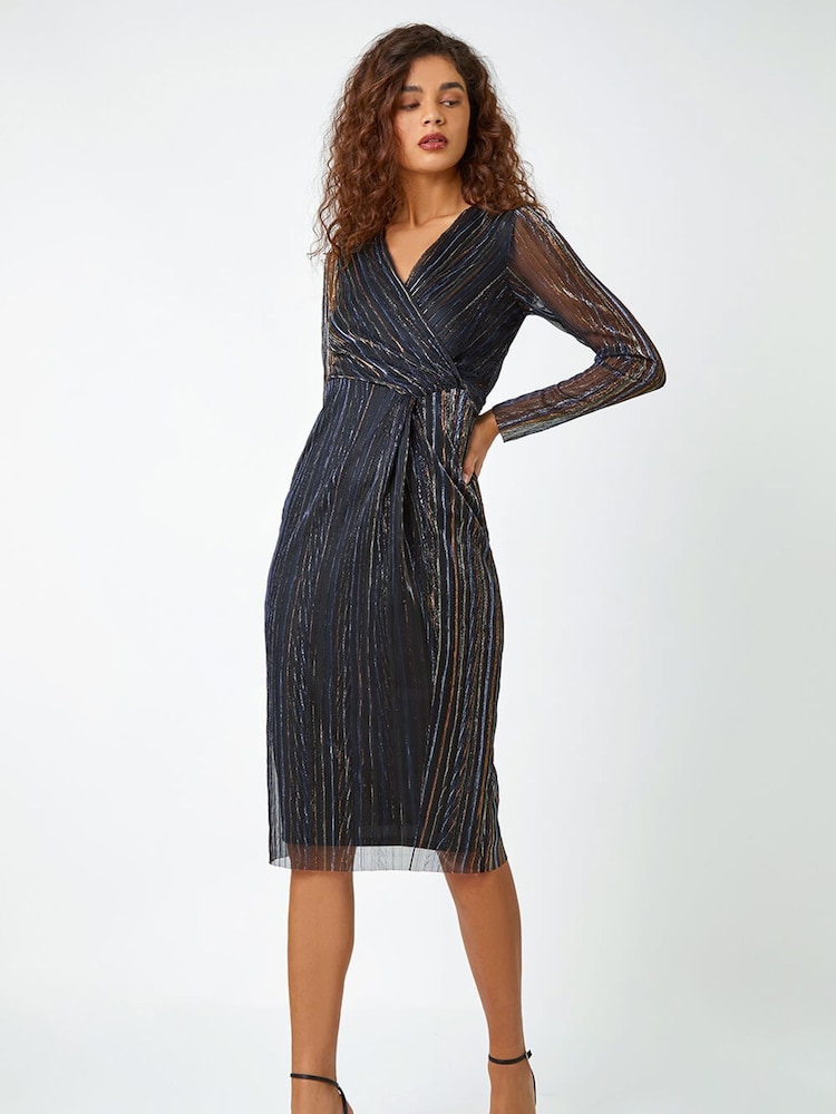 Roman Black Shimmer Stripe Print Midi Wrap Dress - Image 2 of 5