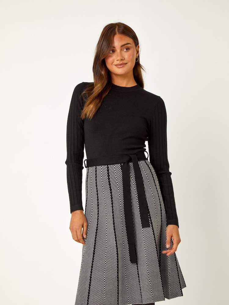 Roman Black Chevron Print Belted Midi Dress - Image 1 of 5