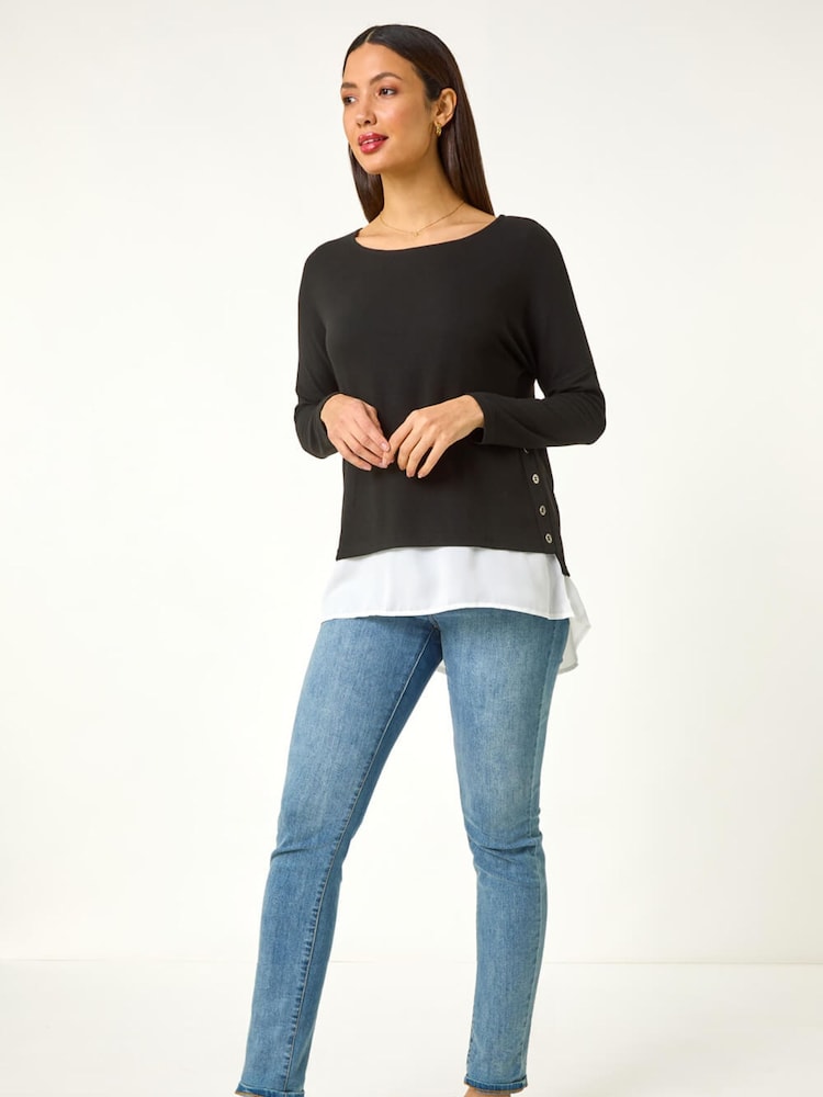 Roman Black 2 in 1 Contrast Hem Detail Stretch Blouse - Image 2 of 5