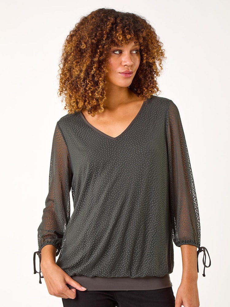 Roman Green Burnout Print V-Neck Overlay Mesh Blouse - Image 1 of 5 Roman Green Burnout Print V-Neck Overlay Mesh Blouse - Image 1 of 5