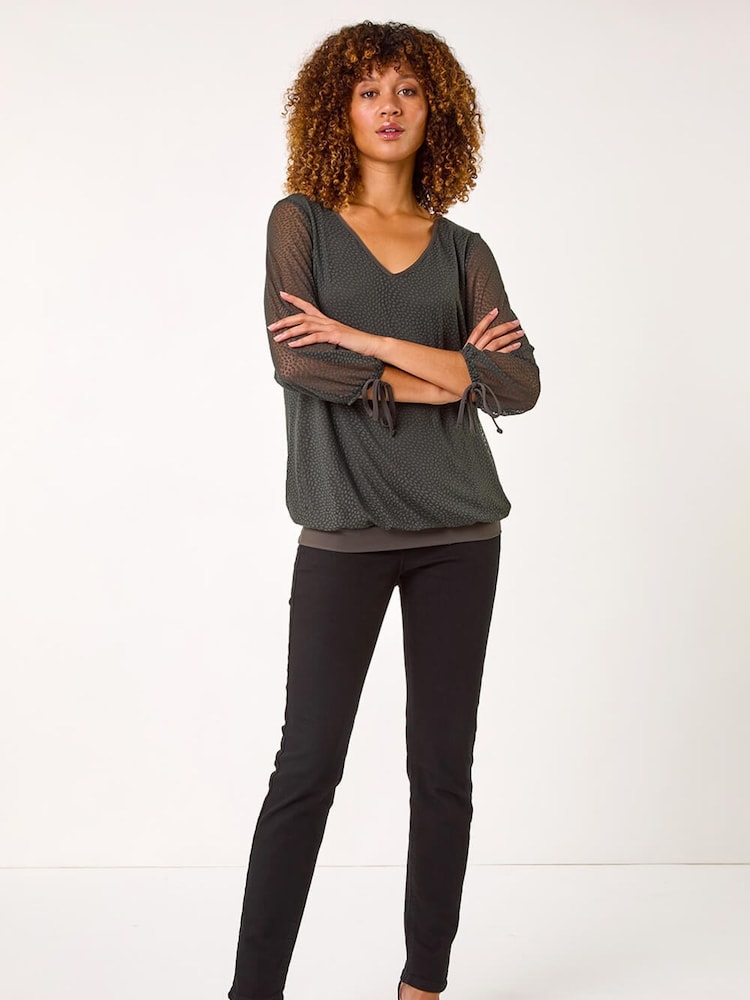 Roman Green Burnout Print V-Neck Overlay Mesh Blouse - Image 2 of 5 Roman Green Burnout Print V-Neck Overlay Mesh Blouse - Image 2 of 5