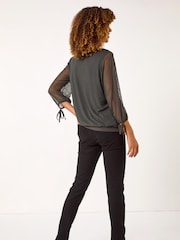 Roman Burnout Print V-Neck Overlay Mesh Blouse - Slika 3 iz 5