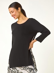 Roman Black Abstract Contrast Mesh Stretch Tunic Top - Image 1 of 5