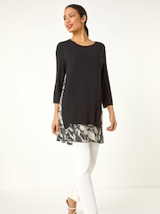 Roman Black Abstract Contrast Mesh Stretch Tunic Top - Image 2 of 5