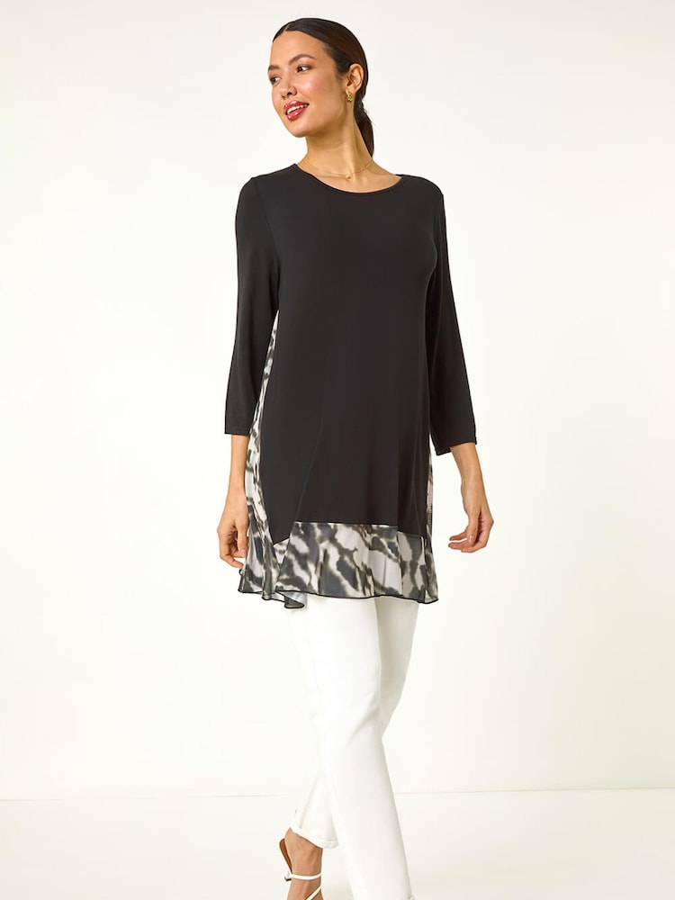 Roman Black Abstract Contrast Mesh Stretch Tunic Top - Image 2 of 5