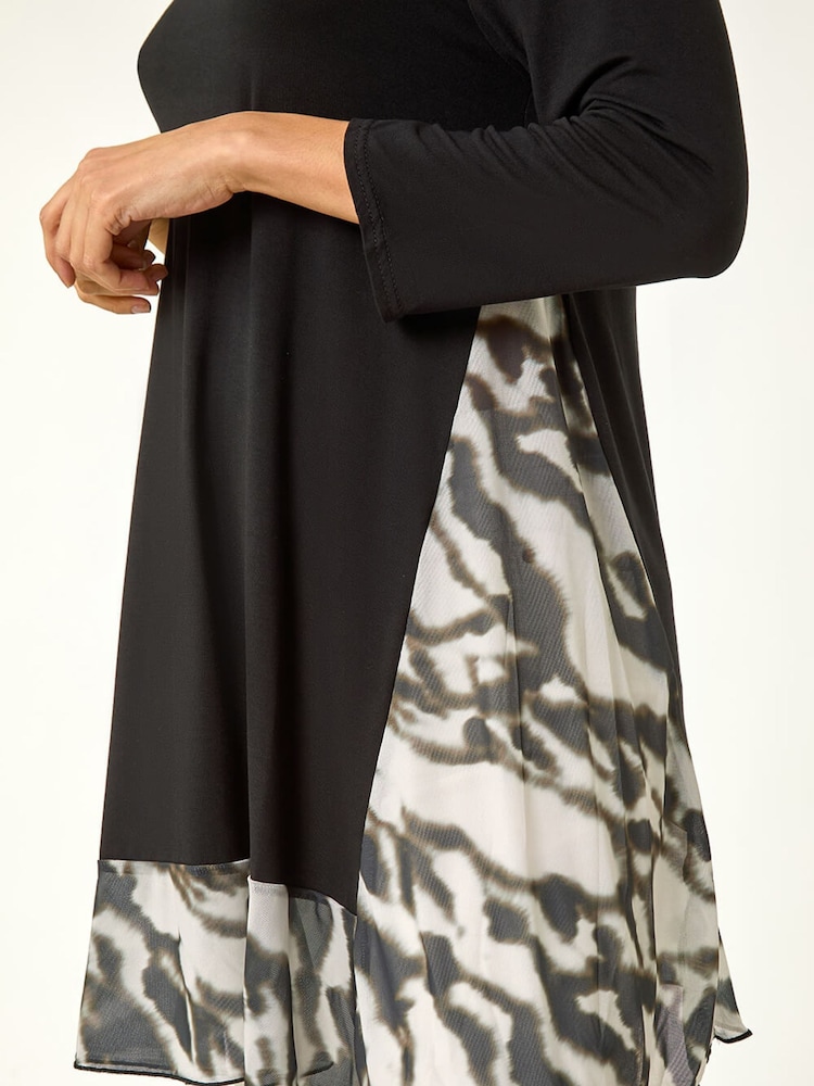 Roman Black Abstract Contrast Mesh Stretch Tunic Top - Image 5 of 5
