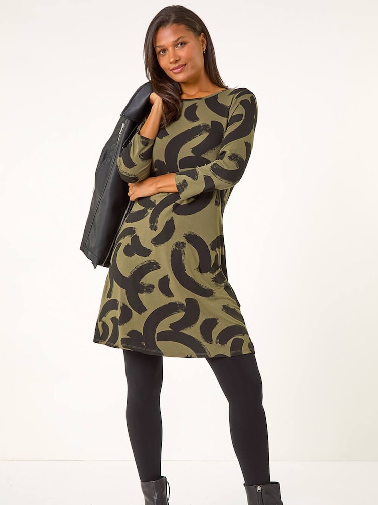 Roman Green Brushstroke A-Line Stretch Dress - Image 1 of 5 Roman Green Brushstroke A-Line Stretch Dress - Image 1 of 5