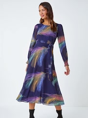 Roman Purple Feather Print Belted Midi Dress - Image 1 of 5