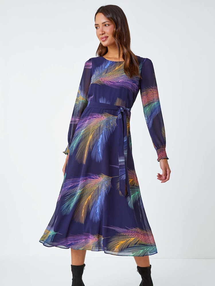 Roman Purple Feather Print Belted Midi Dress - Image 1 of 5