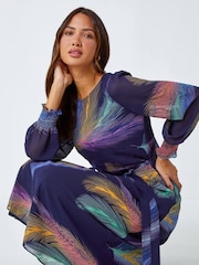 Roman Purple Feather Print Belted Midi Dress - Image 2 of 5