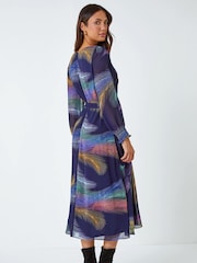 Roman Purple Feather Print Belted Midi Dress - Image 4 of 5