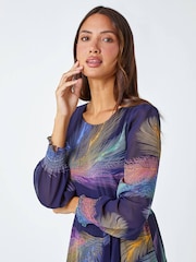 Roman Purple Feather Print Belted Midi Dress - Image 5 of 5