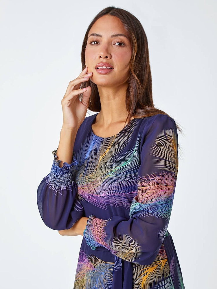 Roman Purple Feather Print Belted Midi Dress - Image 5 of 5
