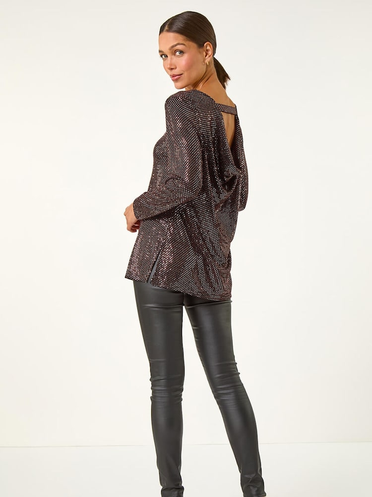 Roman Metallic Shimmer Cowl Back Tunic Top - Image 2 of 5 Roman Metallic Shimmer Cowl Back Tunic Top - Image 2 of 5