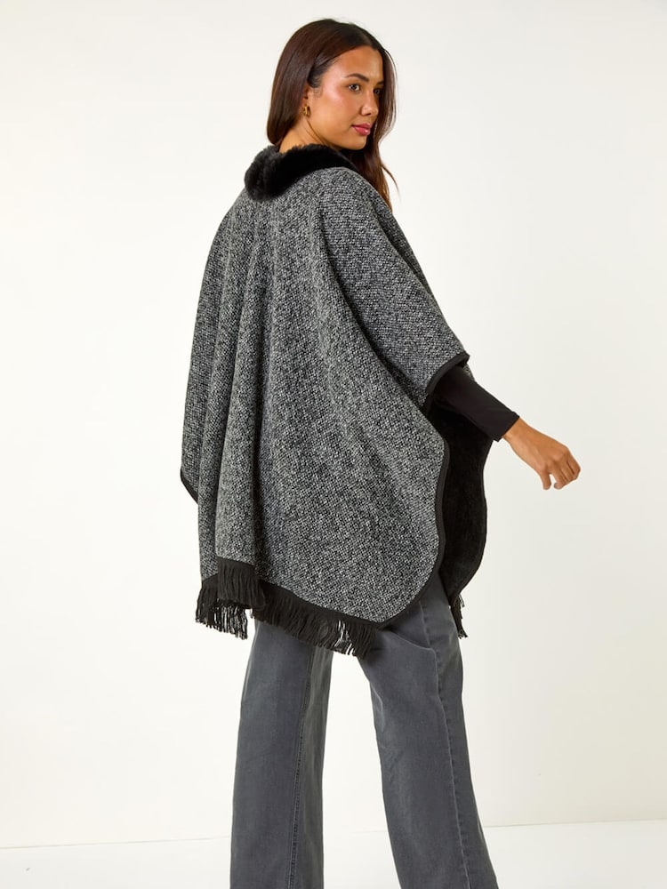 Roman Grey Faux Fur Fringe Hem Poncho - Image 2 of 5