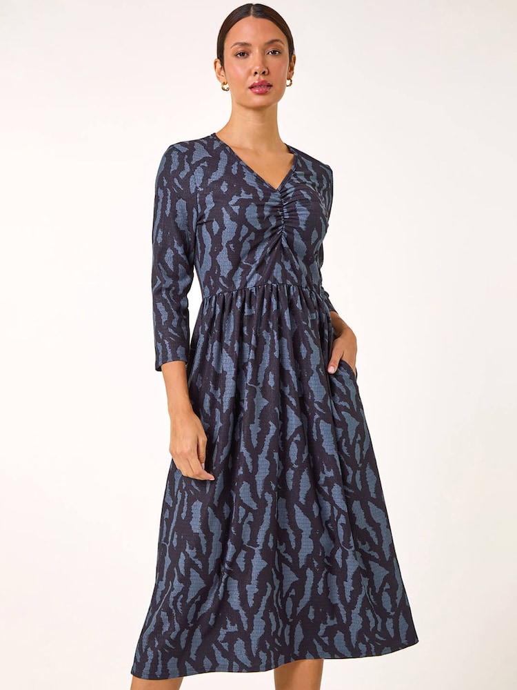 Roman Blue Textured Wave Print V-Neck Midi Dress - Image 1 of 5 Roman Blue Textured Wave Print V-Neck Midi Dress - Image 1 of 5