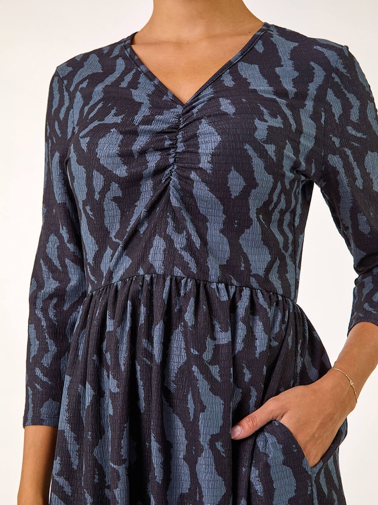 Roman Blue Textured Wave Print V-Neck Midi Dress - Image 2 of 5 Roman Blue Textured Wave Print V-Neck Midi Dress - Image 2 of 5