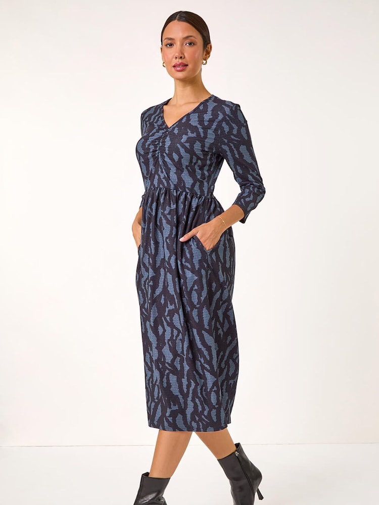 Roman Blue Textured Wave Print V-Neck Midi Dress - Image 5 of 5 Roman Blue Textured Wave Print V-Neck Midi Dress - Image 5 of 5