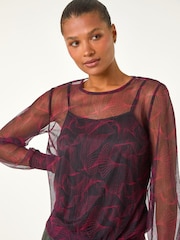 Roman Red Abstract Print Plisse Shirred Hem Blouse - Image 4 of 5