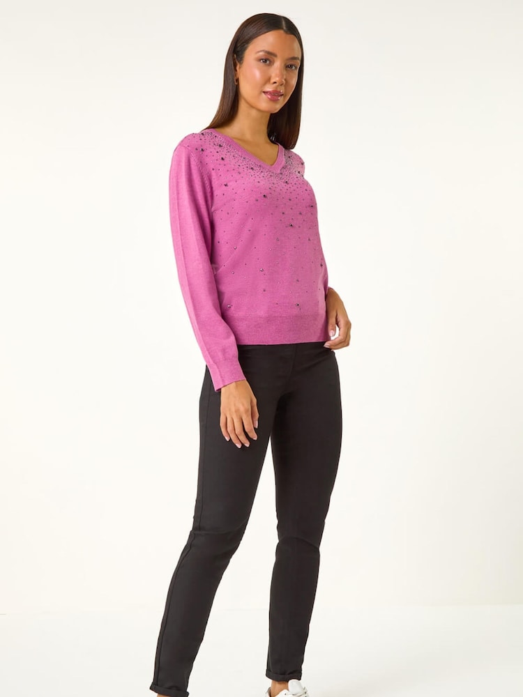 Roman Purple V-Neck Sparkle Hotfix Knit Jumper - Image 5 of 5 Roman Purple V-Neck Sparkle Hotfix Knit Jumper - Image 5 of 5