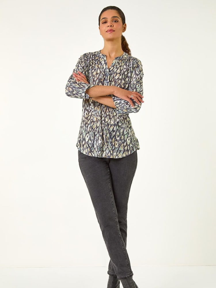Roman Green Animal Print Stretch Burnout Tunic Top - Image 2 of 5 Roman Green Animal Print Stretch Burnout Tunic Top - Image 2 of 5