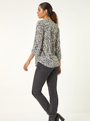 Roman Green Animal Print Stretch Burnout Tunic Top - Image 3 of 5
