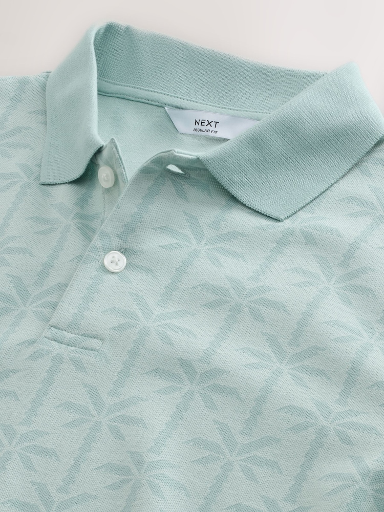 Aqua Blue Short Sleeve Jacquard Pattern Polo Shirt - Image 2 of 3