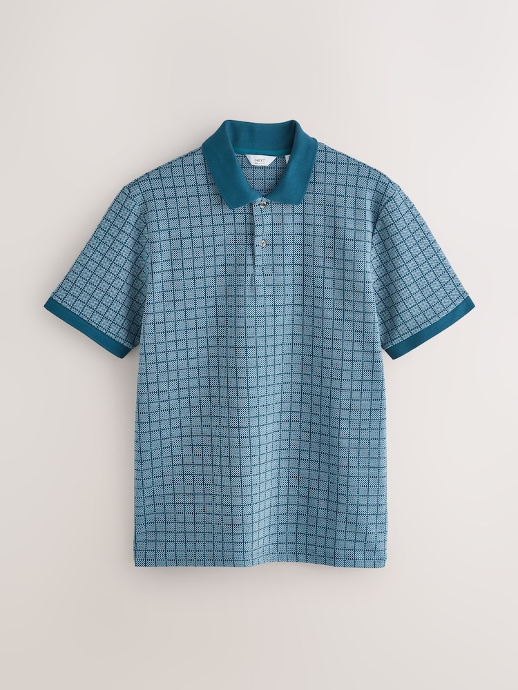 Blue Check Pattern Quarter Polo Shirt - Image 1 of 3