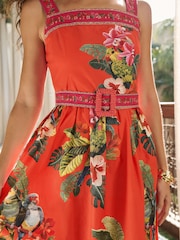 Lipsy Coral Pink Floral Print Square Neck Belted Prom Midi Dress - Image 2 of 5