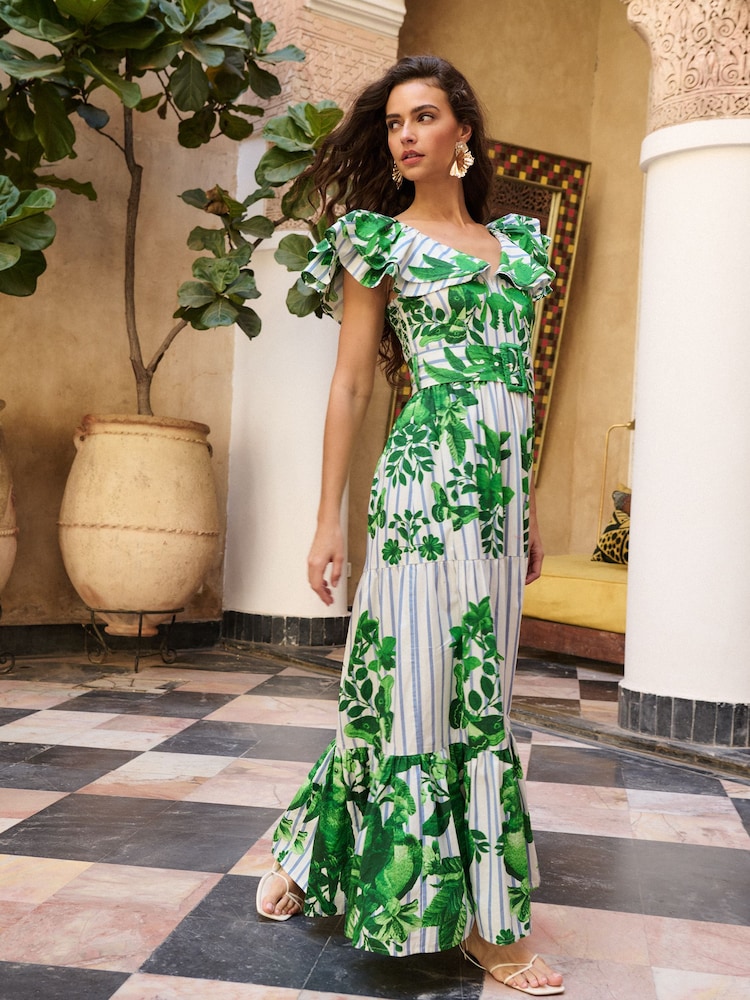Lipsy White Embrodiery Floral Stripe Ruffle Maxi Dress - Image 1 of 5 Lipsy White Embrodiery Floral Stripe Ruffle Maxi Dress - Image 1 of 5