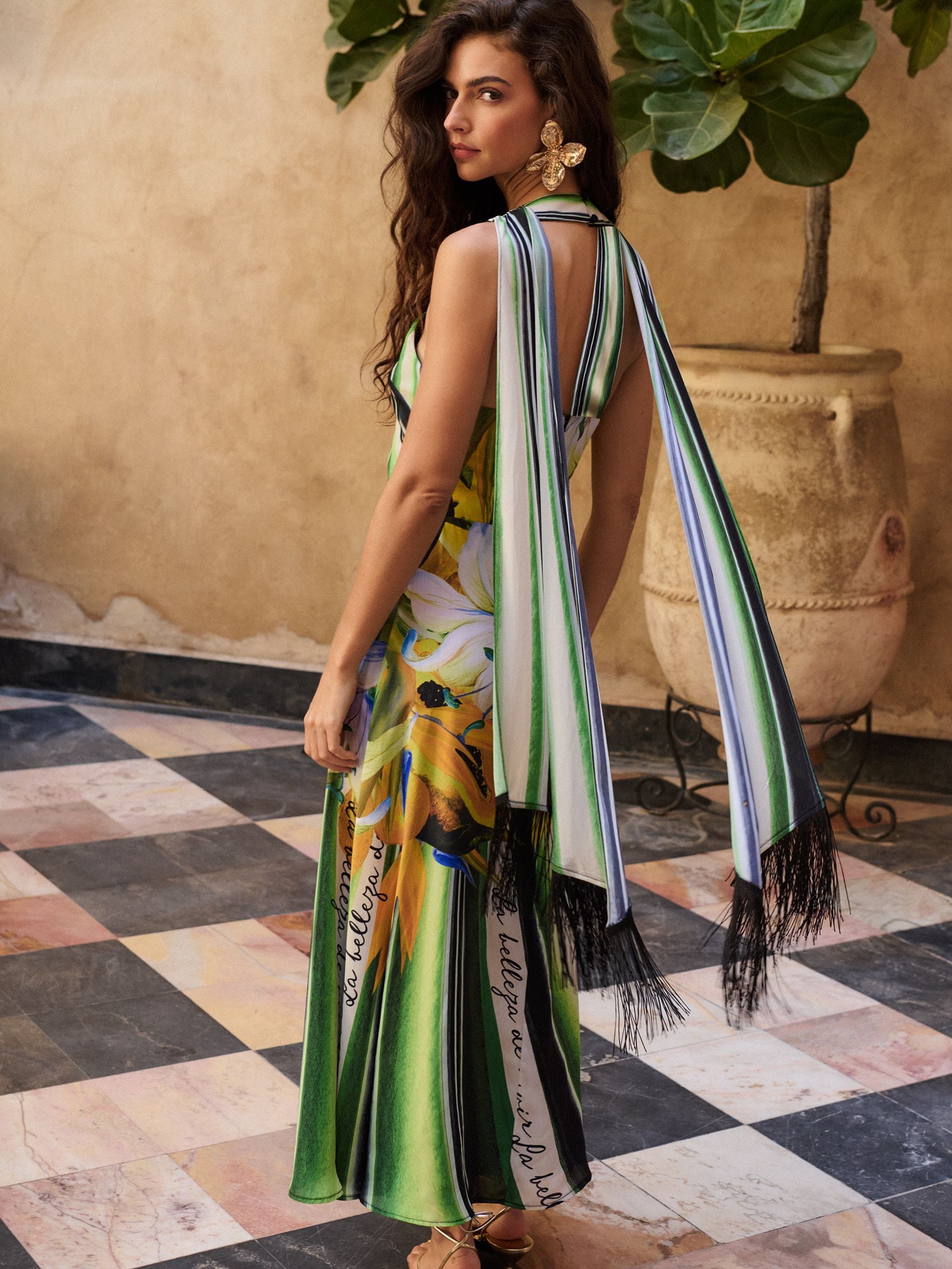 green abstract print plisse strappy maxi dress Womens Lipsy Floral Stripe Fringe Scarf Halter US 4 Tiktok